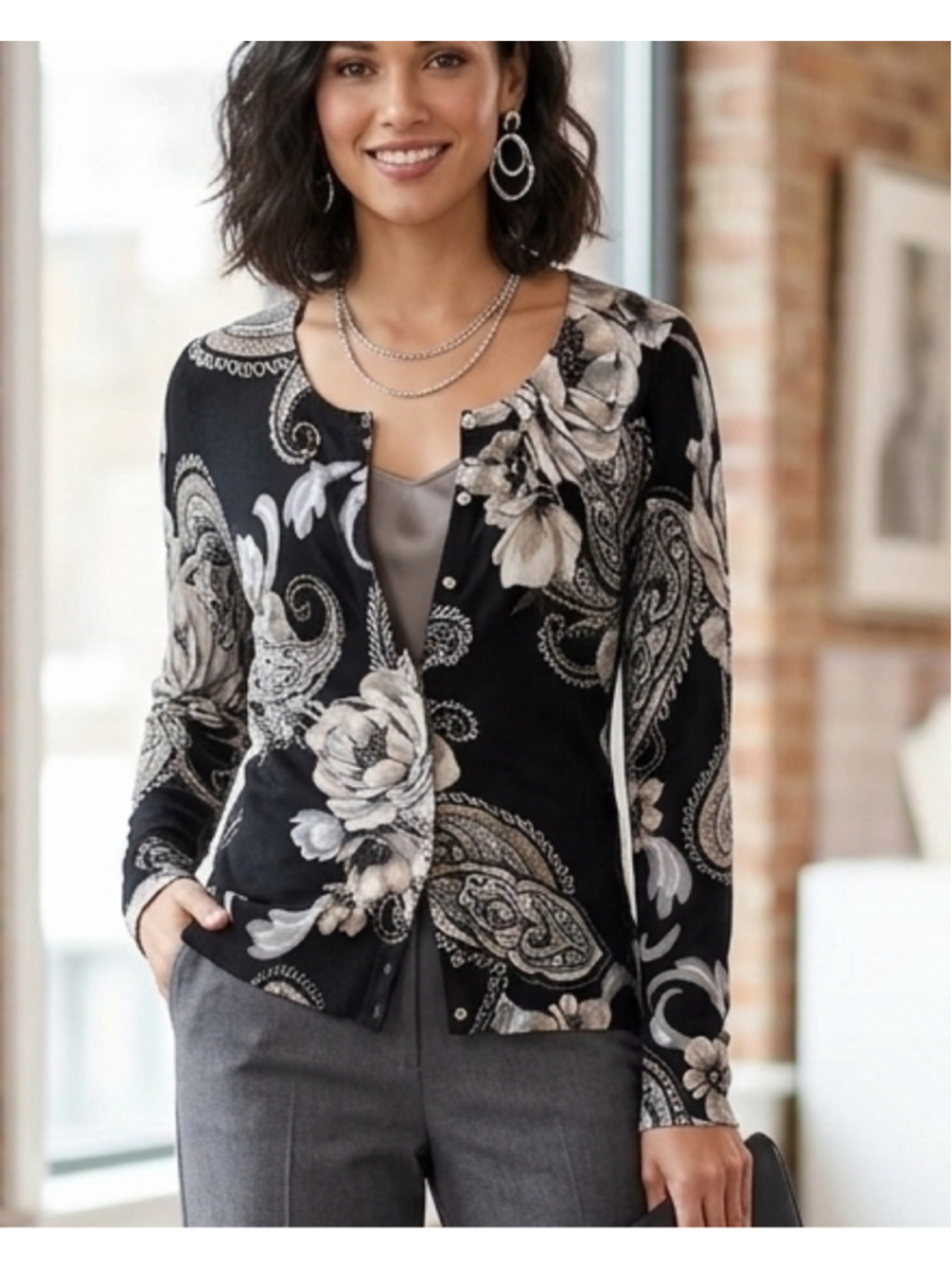 White House Black Market Floral Paisley Snap Front Knit Cardigan Sweater L 2082